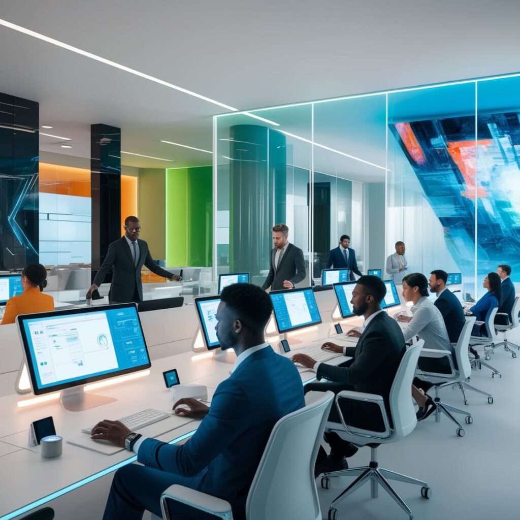 hommes en interaction ce qui représente la digitalisation des procédés en entreprise